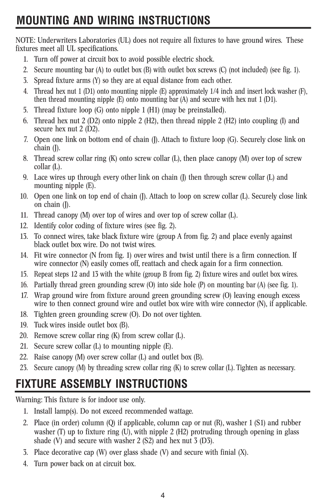 Westinghouse W-182 110712 owner manual Mounting And Wiring Instructions, Fixture Assembly Instructions 